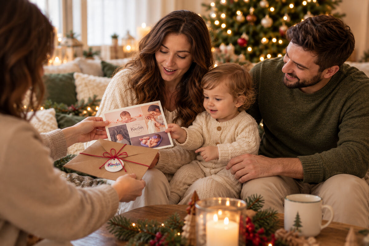 Familie cu copil primind un voucher pentru ședință foto Kinder Studio