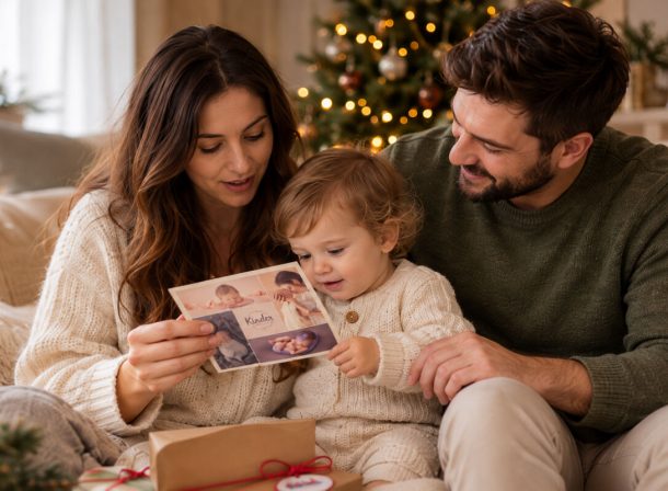 Părinți și copil privind voucherul cadou pentru ședință foto Kinder Studio